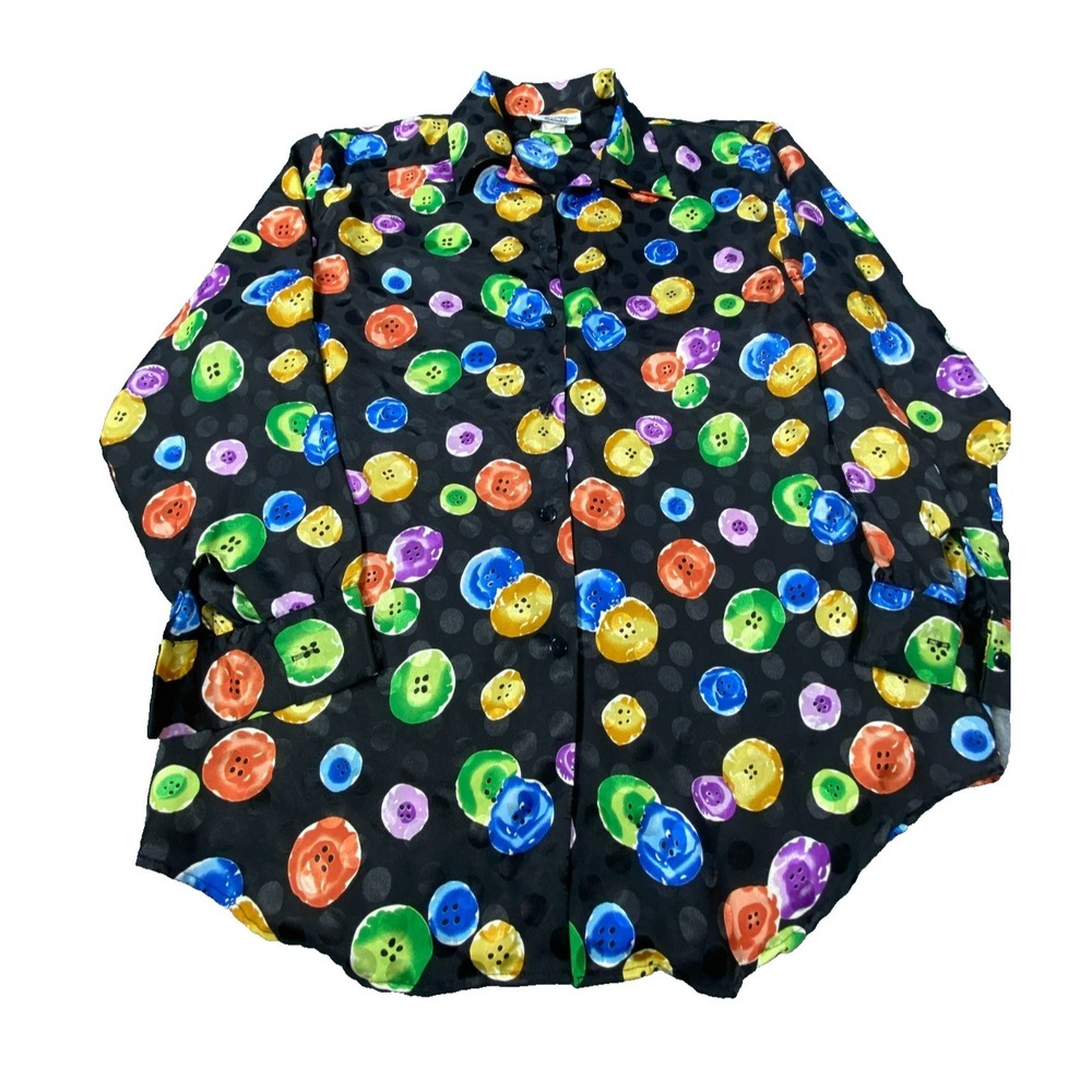 Vintage Erika Blouse Womens Large Black Colorful Abstract Button Top Y2K Retro‎